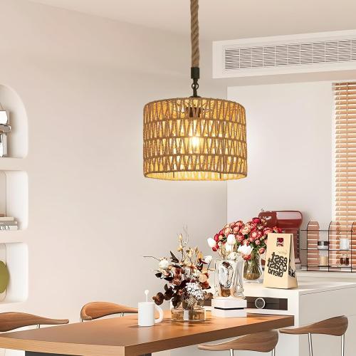 Présentation de Zoom sur Lustre Suspension Vintage Boho, Luminaire Rotin E27