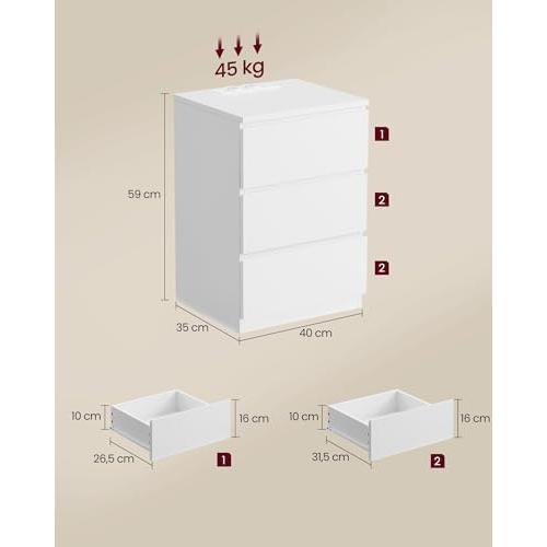 Présentation de Zoom sur VASAGLE Table de Chevet Moderne Multiprise, 3 Tiroirs, Ports USB, Lot de 2