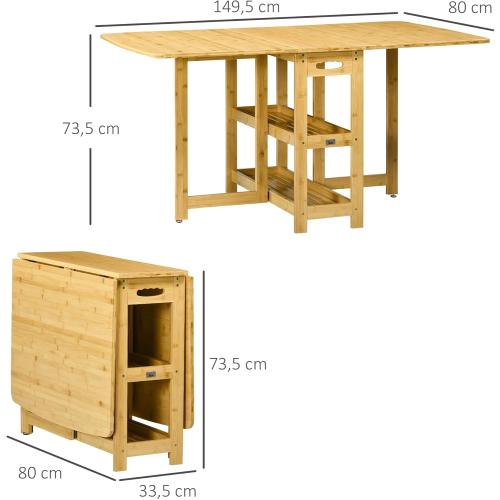 Présentation de Zoom sur Table pliante salle à manger, compartiments, bambou, bois naturel