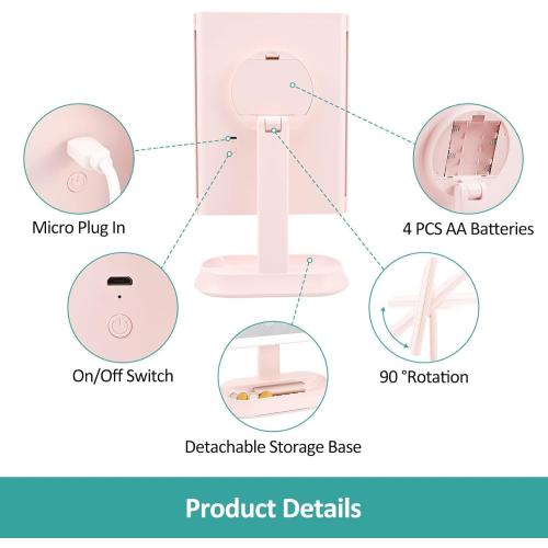 Présentation de Zoom sur Miroir cosmétique 4 en 1 éclairage LED, pliable, rose