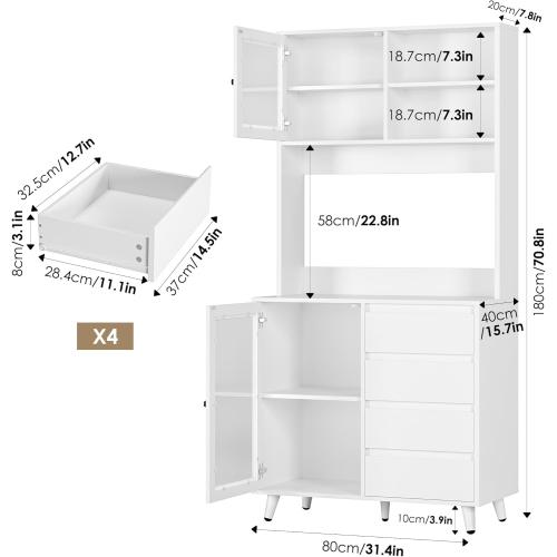 Présentation de Zoom sur Buffet Cuisine FOREHILL, Armoire Rangement Vitres, 4 Tiroirs