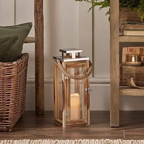 Présentation de Zoom sur Lanterne Bois Vintage Bougie LED Minuterie Anse Corde Deco Interieur