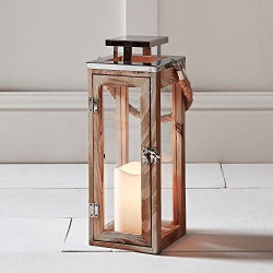 Présentation Lanterne Bois Vintage Bougie LED Minuterie Anse Corde Deco Interieur