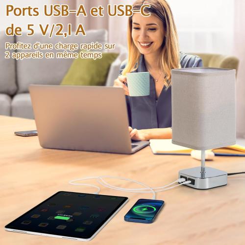 Présentation de Zoom sur Lampe de Chevet Tactile Tellegante, Ports USB, Abat-jour Tissu