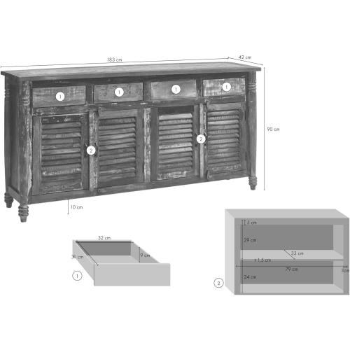 Présentation de Zoom sur Buffet Bois Massif Recyclé Laqué Multicolore Ethnique