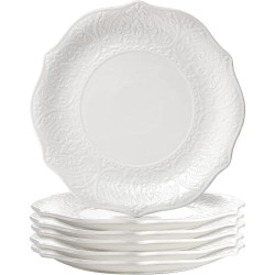 Présentation SOUJOY Assiettes plates porcelaine blanche, relief, 6 pièces