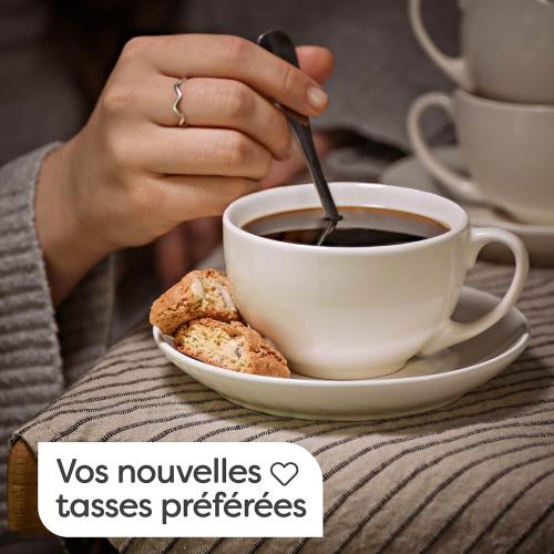 Présentation de Zoom sur Tasses Cappuccino Ceramique Blanche Cosumy, Soucoupes Incluses