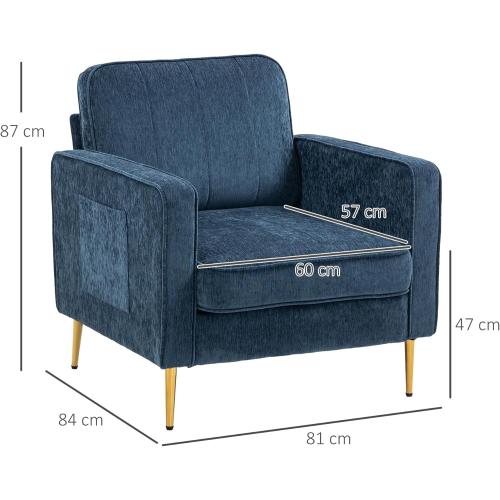 Présentation de Zoom sur Fauteuil Salon Acier Doré, Confort, Pochettes Latérales, Bleu