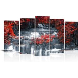 Présentation Tableau Toile 5 Pièces Arbres Rouge, Noir, Blanc, Moderne