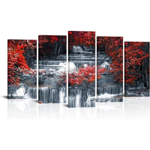 Présentation de Présentation Tableau Toile 5 Pièces Arbres Rouge, Noir, Blanc, Moderne