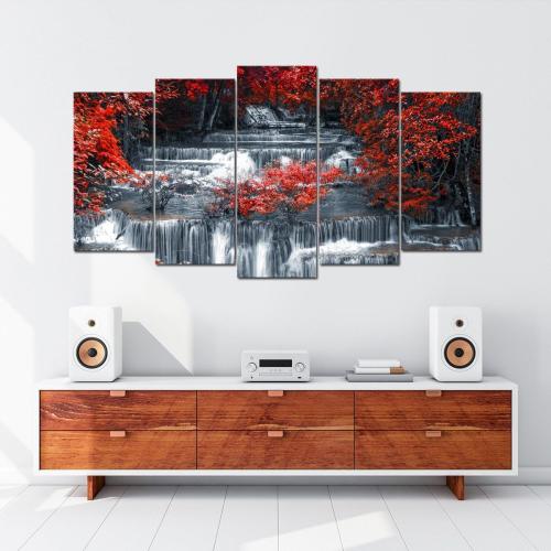 Présentation de Zoom sur Tableau Toile 5 Pièces Arbres Rouge, Noir, Blanc, Moderne