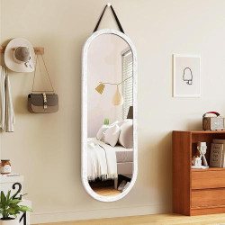 Présentation Miroir mural ovale bois massif, sangle suspension, blanc