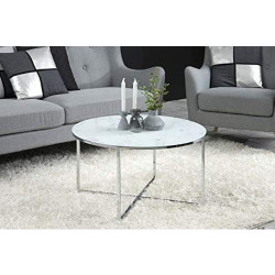 Table Basse Ronde Aspect Marbre Blanc Chrome, Verre Métal Design Moderne en situation