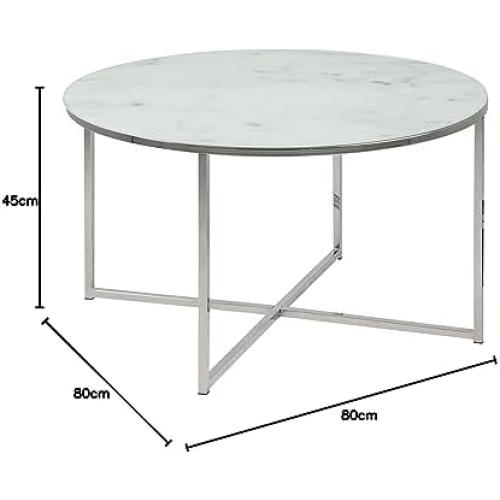 Présentation de Zoom sur Table Basse Ronde Aspect Marbre Blanc Chrome, Verre Métal Design Moderne