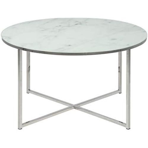 Présentation de Présentation Table Basse Ronde Aspect Marbre Blanc Chrome, Verre Métal Design Moderne