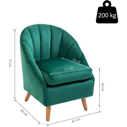 Présentation de Zoom sur Fauteuil Velours Vert HOMCOM, Rembourrage Épais, Structure Solide