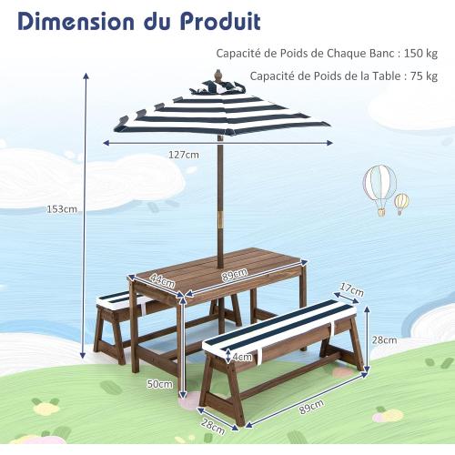 Présentation de Zoom sur Costway Table Pique-Nique Enfants, Parasol Réglable, Bois