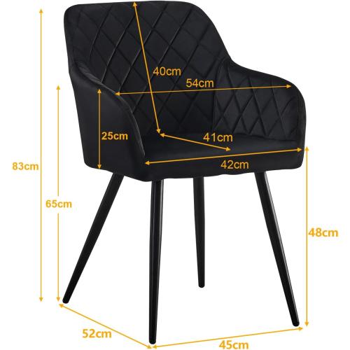 Présentation de Zoom sur Chaise Rembourrée Velours Noir, Lot de 2, Accoudoirs