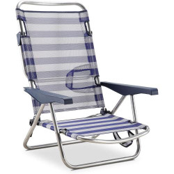 Présentation Chaise de Plage Pliable 4 Positions Bleu Blanc Accoudoirs