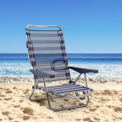 Chaise de Plage Pliable 4 Positions Bleu Blanc Accoudoirs en situation