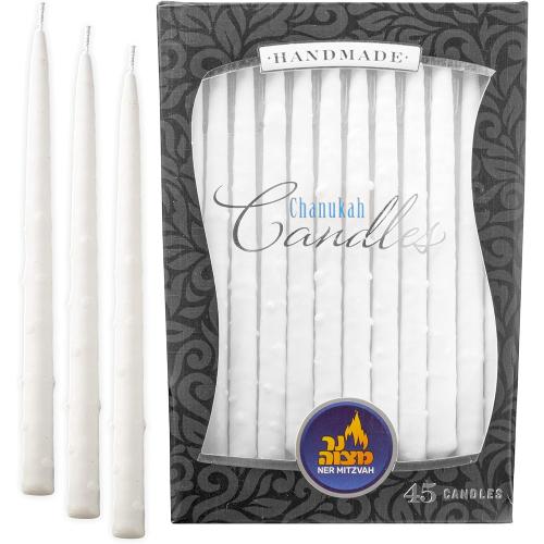 Présentation de Présentation Bougies blanches décorées Hanukah, Ner Mitzvah, 45 pièces