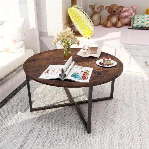 Présentation de Table basse ronde noire, marron, style industriel, empilable en situation