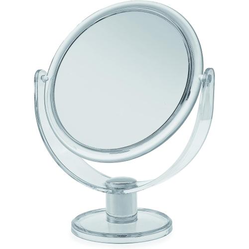 Présentation de Présentation Miroir maquillage rond bleu, plastique, sur pied