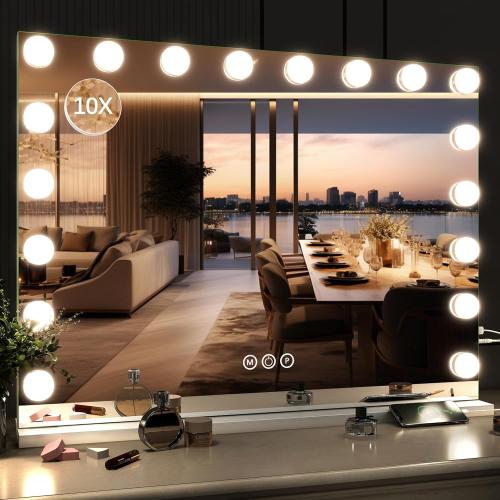 Présentation de Présentation Miroir Hollywood lumineux, 18 ampoules LED, USB, grossissant