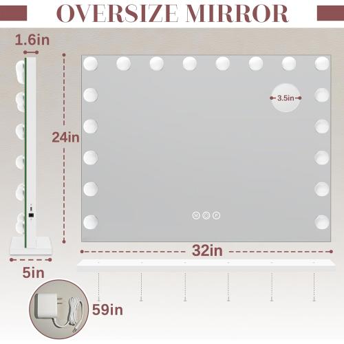 Présentation de Zoom sur Miroir Hollywood lumineux, 18 ampoules LED, USB, grossissant