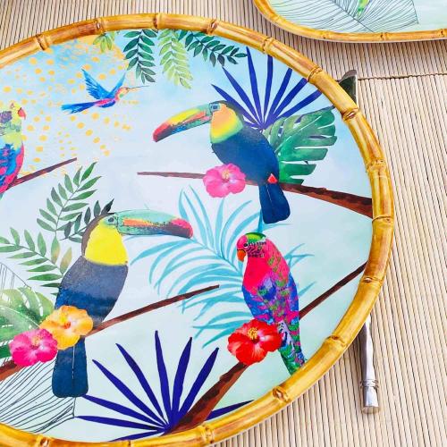 Présentation de Zoom sur Assiette Plate Melamine Toucans de Rio, Les Jardins de la Comtesse