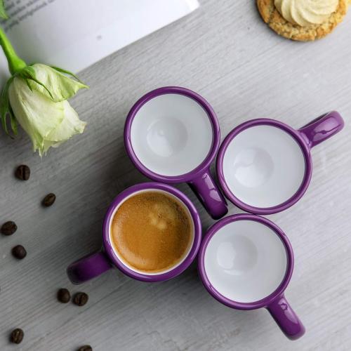 Présentation de Zoom sur Tasses Expresso Violettes Pois Blancs, Céramique Artisanale