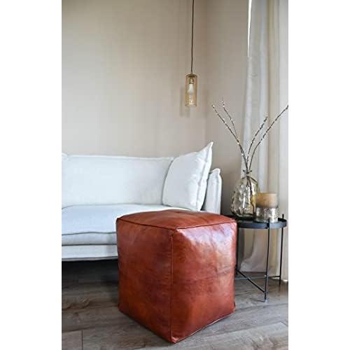 Présentation de Zoom sur Pouf Carré XL en Cuir Véritable Fait Main - Multifonction Ottoman Cognac