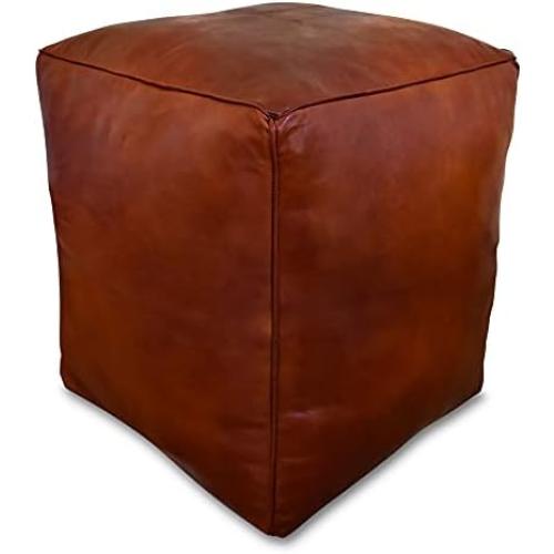 Présentation de Présentation Pouf Carré XL en Cuir Véritable Fait Main - Multifonction Ottoman Cognac