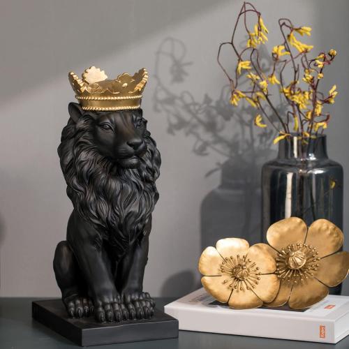 Présentation de Zoom sur Statue Lion Debout Noir, Couronne Dorée, LC LCdecohome