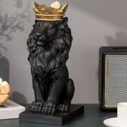 Présentation Statue Lion Debout Noir, Couronne Dorée, LC LCdecohome