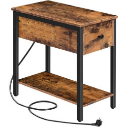 Présentation Table d'Appoint Hoobro, Tiroir, Ports USB, Marron Rustique