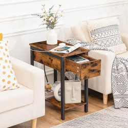 Table d'Appoint Hoobro, Tiroir, Ports USB, Marron Rustique en situation