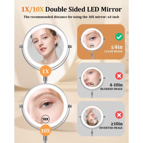 Présentation de Zoom sur Miroir maquillage lumineux, grossissant 1x 10x, 3 couleurs