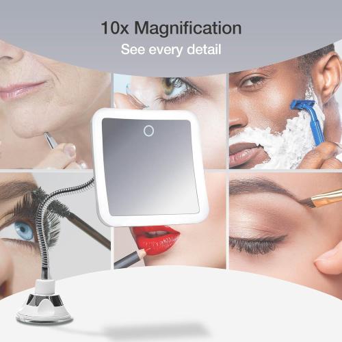 Présentation de Miroir Grossissant 10x, LED, Rechargeable, Flexible, Ventouse en situation