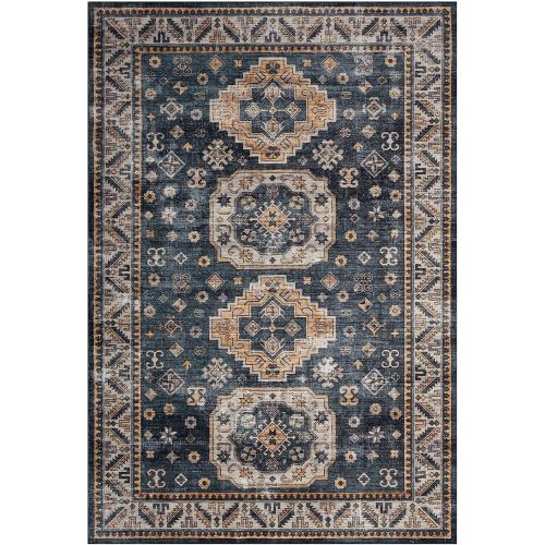 Présentation de Présentation Tapis oriental lavable, style bohème vintage, bleu marine