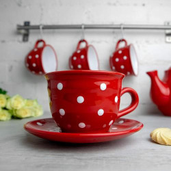 Tasse, sous-tasse, café, thé, rouge, pois blancs, City To Cottage en situation