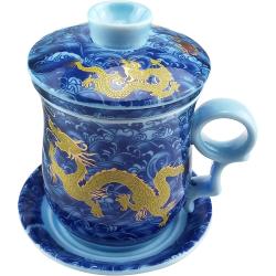 Présentation Tasse à Thé Chinoise Dragon Or, Porcelaine Bleue Blanche