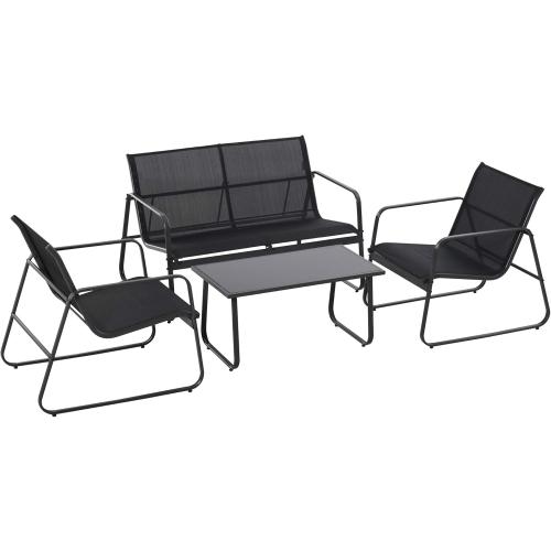 Présentation de Présentation Outsunny Ensemble table basse, 2 chaises jardin métal, textilène noir