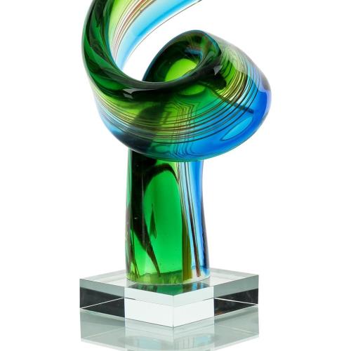 Présentation de Sculpture en verre design, touches bleu, vert, qualité unique en situation