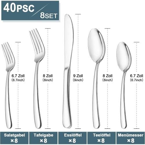 Présentation de Couverts en acier inoxydable poli, lot 40 pièces, durable en situation