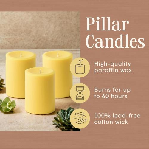 Présentation de Zoom sur Bougies Pilier Jaunes Non Parfumées Mister Candle Lot 3