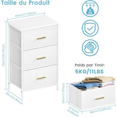 Présentation de Zoom sur Commode Tissu 3 Tiroirs, Table Chevet Blanc, Rangement