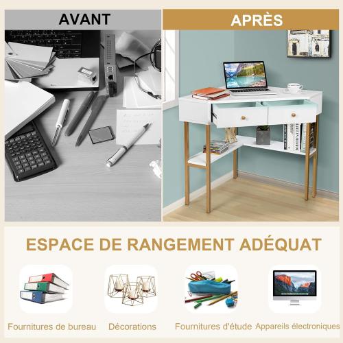 Présentation de Zoom sur COSTWAY Table Bureau Angle 39, 2 Tiroirs, Rangement Noir