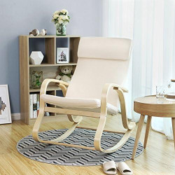 Fauteuil Bascule Bois Bouleau, Chaise Bercante Oreiller, Housse Coton Beige en situation