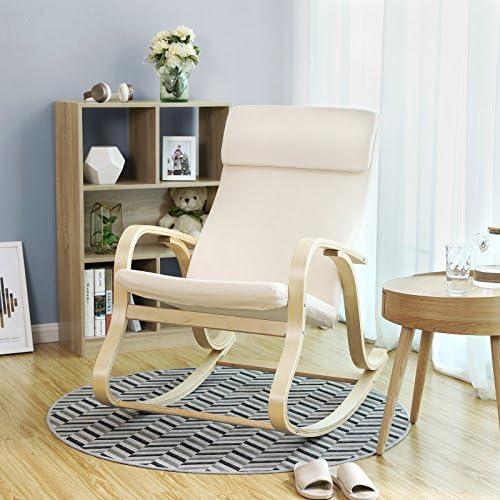 Présentation de Fauteuil Bascule Bois Bouleau, Chaise Bercante Oreiller, Housse Coton Beige en situation